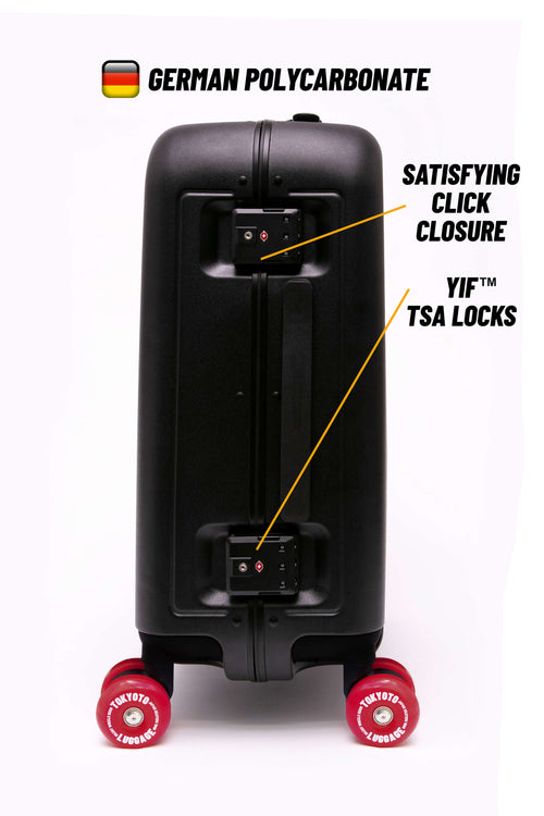 A black hard-shell suitcase with red wheels shown on a white background, with text callouts highlighting German polycarbonate construction, click closure, YIF TSA locks, and four-wheel mobility.