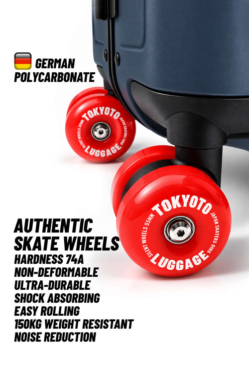 Red Tokyo Luggage authentic skateboard wheels on a dark blue suitcase, with promotional text highlighting hardness, shock absorption, and weight resistance.