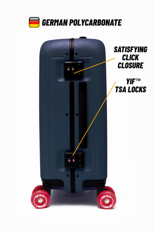 A hard-shell carry-on suitcase in dark blue-gray with red wheels, shown on a white background with callout text highlighting German polycarbonate construction, click closure, YIF TSA locks, and four-wheel mobility.