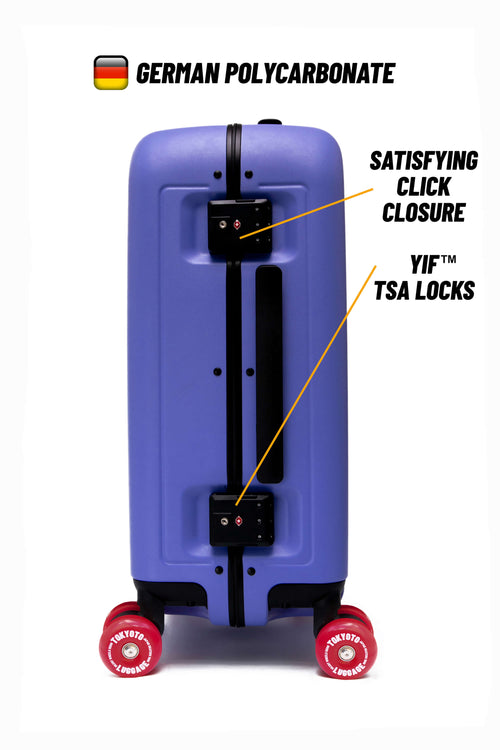 A purple hard-shell suitcase shown on a white background with callout text highlighting German polycarbonate construction, click closure, YIF TSA locks, and red wheels.