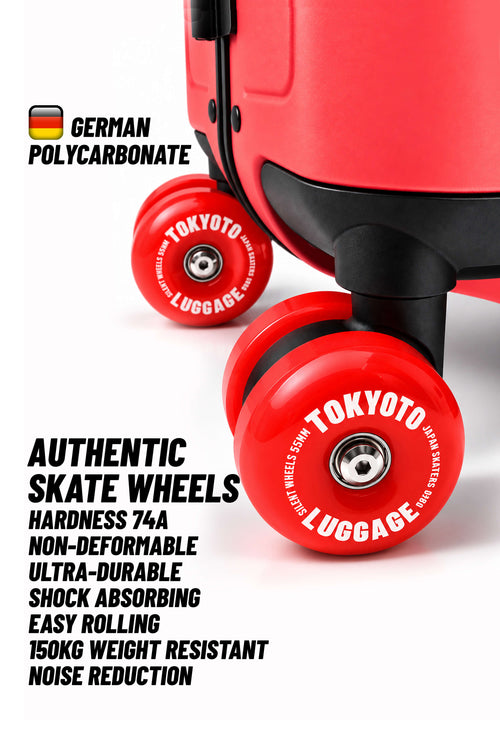 Red hard-shell suitcase with red Tokyo Luggage authentic polycarbonate skateboard wheels, shown on a white background with promotional text overlays.