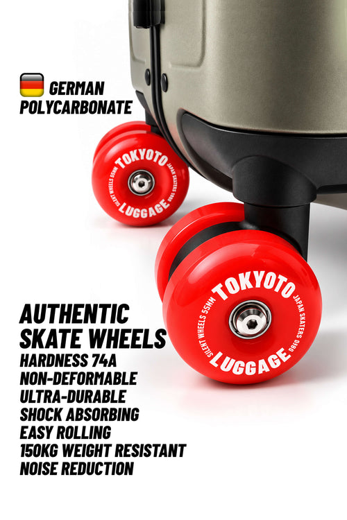 Red Tokyo Luggage authentic skate wheels with white text, shown attached to a suitcase on a white background with promotional text and a German polycarbonate label.