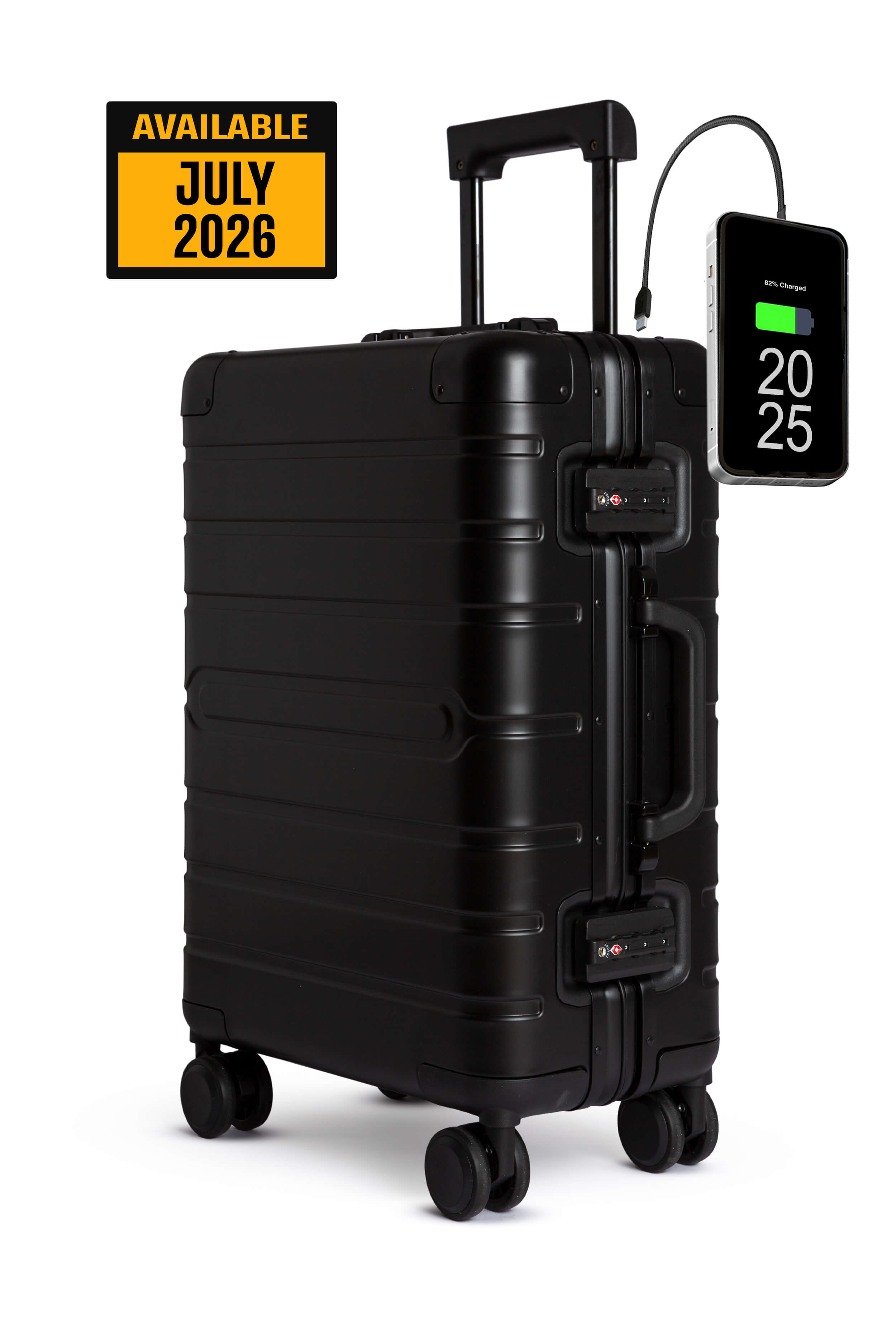 Black Aluminum suitcase with digital display on a white background