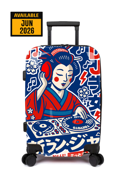 Gepäck mit einem Geisha-Motiv und DJ-Ausrüstung, mit einem rot-blauen Farbschema.
