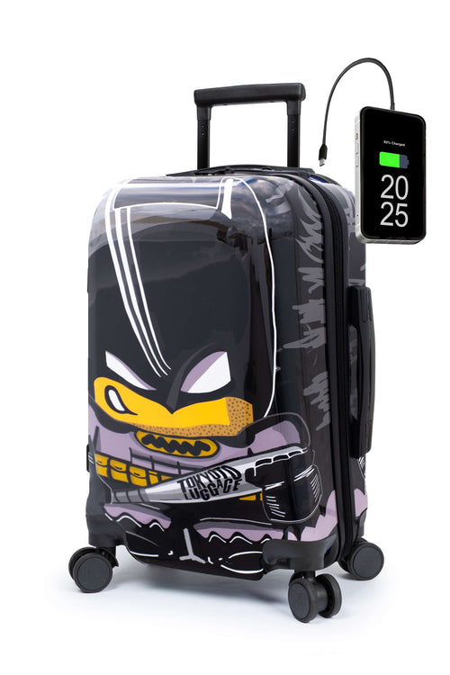 Kids suitcase with superhero  Batman design and digital display on a white background