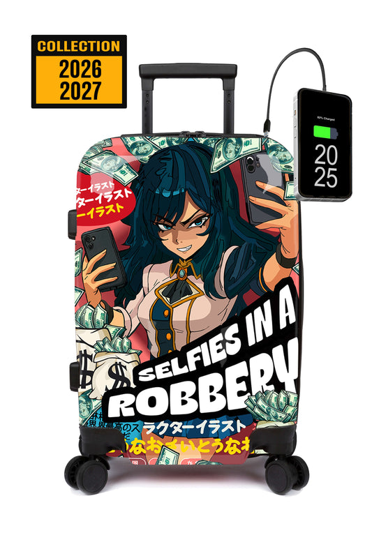 Luggage with anime character design and digital display on a white background