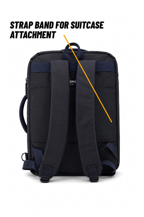 A dark navy backpack shown from the back on a white background, with text reading 'STRAP BAND FOR SUITCASE ATTACHMENT' and a yellow diagonal line indicating the attachment point on the straps.