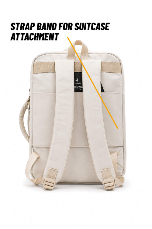 Back view of a beige backpack with straps and a black luggage tag, overlaid with the text 'STRAP BAND FOR SUITCASE ATTACHMENT' and a yellow diagonal line indicating the attachment point.