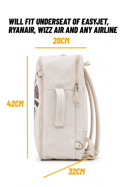 An off-white canvas backpack shown on a white background with text and yellow measurement lines indicating dimensions of 42CM height, 20CM width, and 32CM depth, plus text stating it will fit underseat of EasyJet, Ryanair, Wizz Air and any airline.