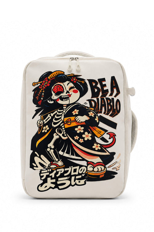 An off-white canvas backpack featuring a bold graphic illustration of a skeleton in a geisha outfit with the text 'BE A DIABLO' and Japanese text.