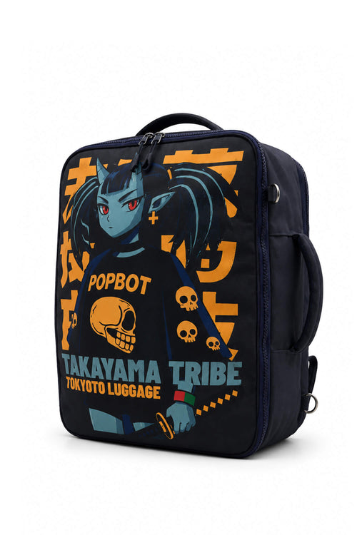 A black Popbot-themed Takayama Tribe lunch bag by Tokyo Luggage, featuring a graphic illustration of the character with orange and blue details, set against a plain white background.