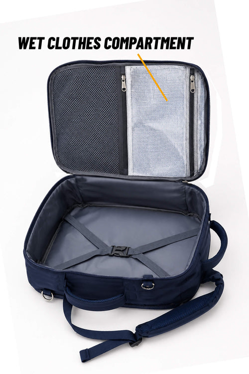 An open navy blue backpack or duffel-style travel bag shown on a white background, with the lid open to reveal interior compartments. Text at the top reads 'WET CLOTHES COMPARTMENT' with a yellow arrow pointing to a mesh pocket inside the lid.